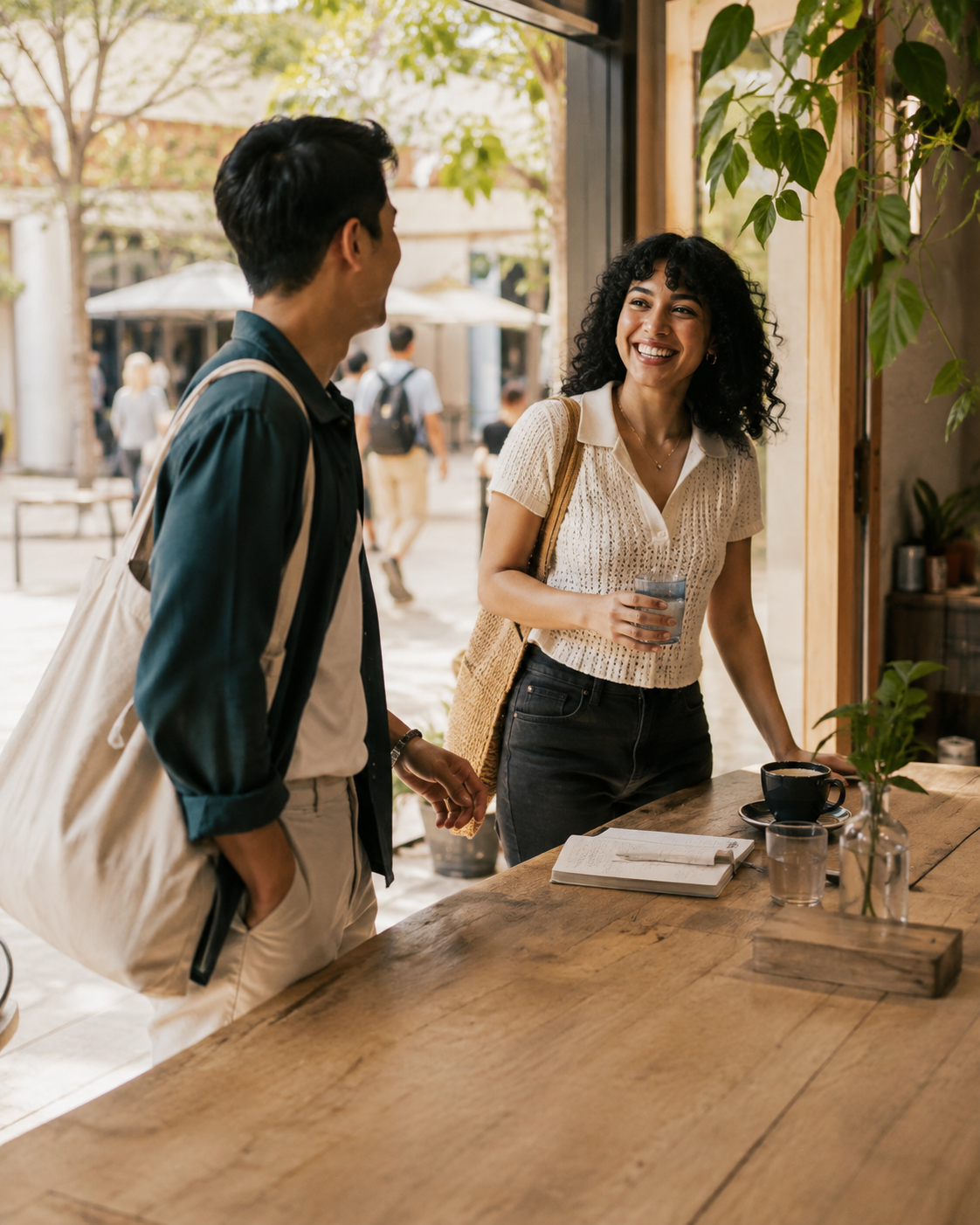 Two people meeting naturally at a neighborhood café