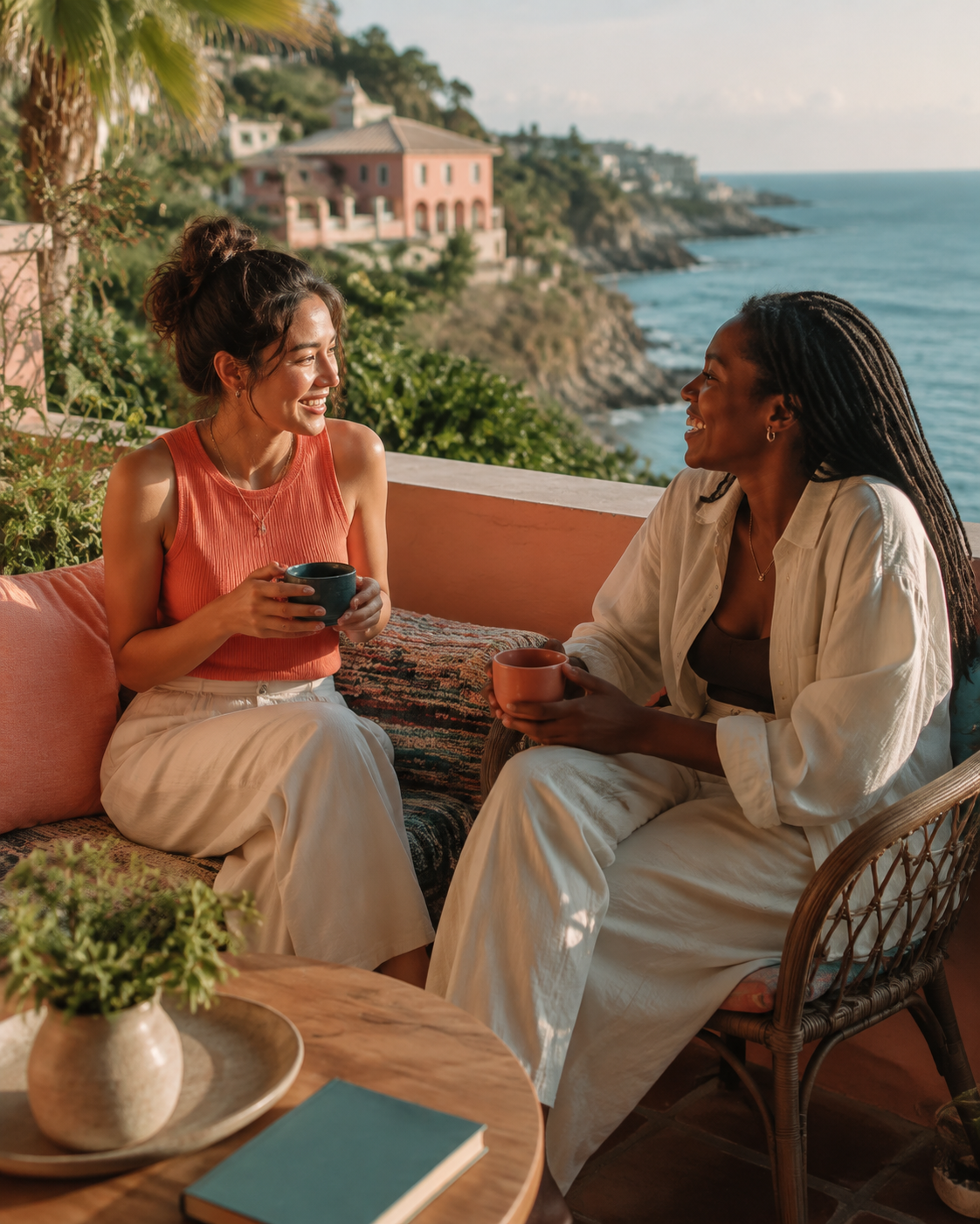 Friends spending time together on a coastal terrace