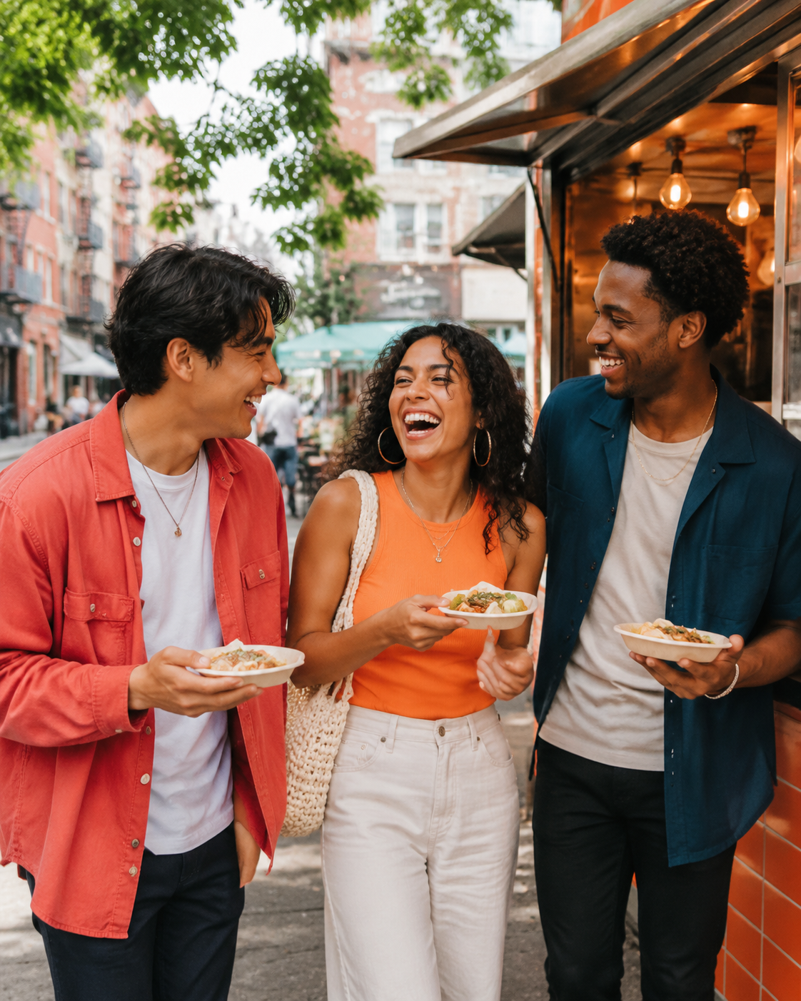 Friends enjoying a spontaneous street-food experience