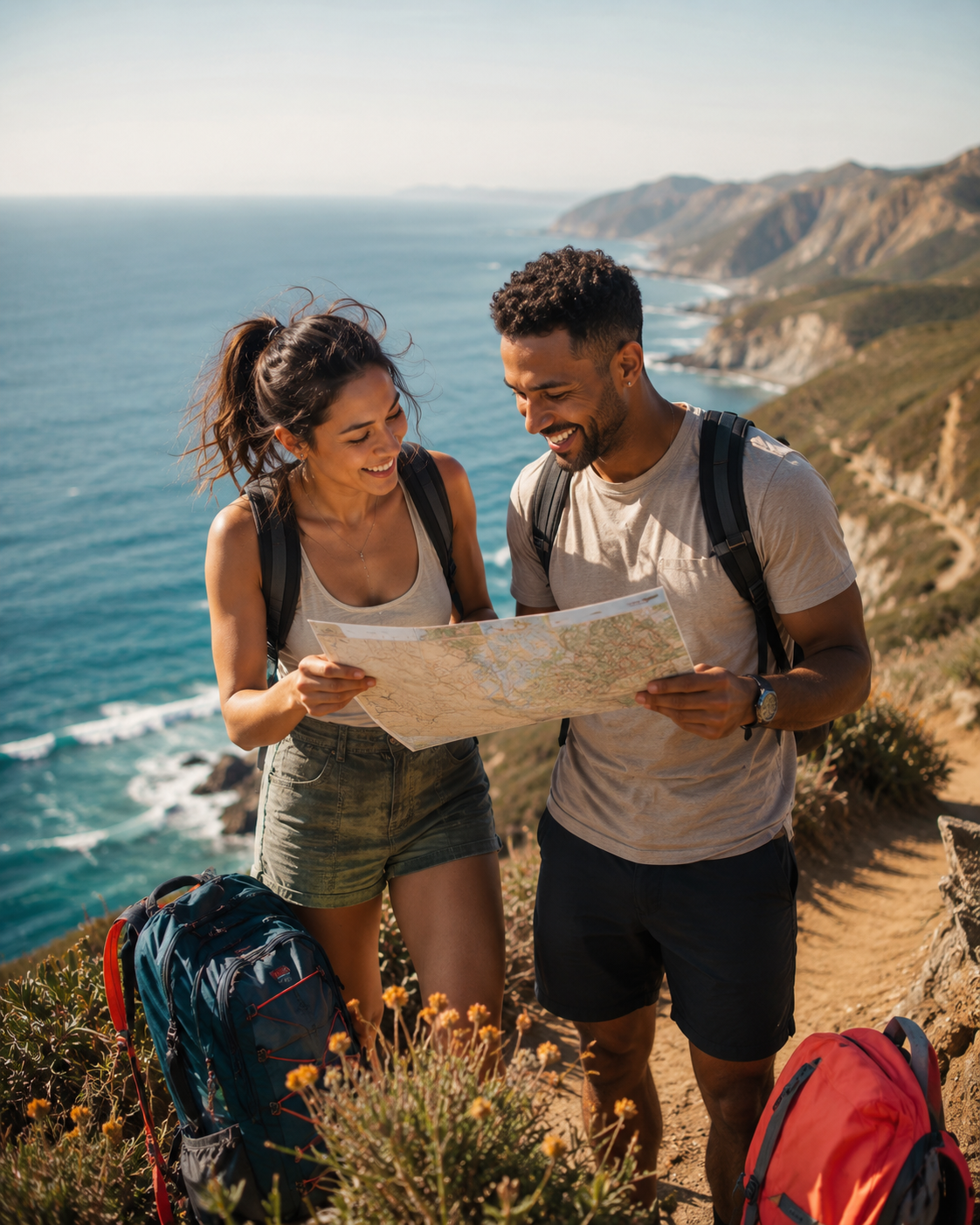 Travel companions exploring a coastal hiking trail