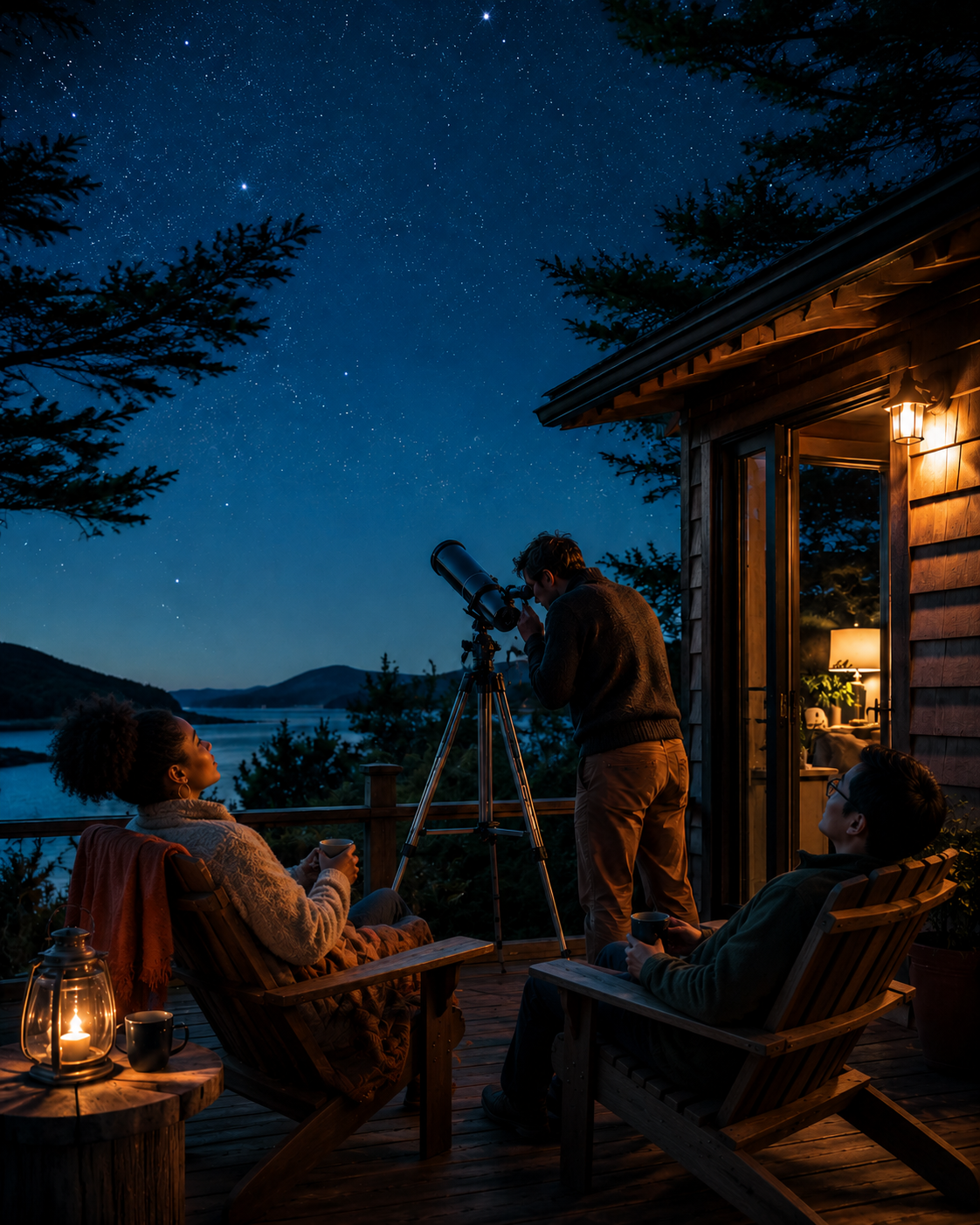 Three guests stargazing from a host-provided stay