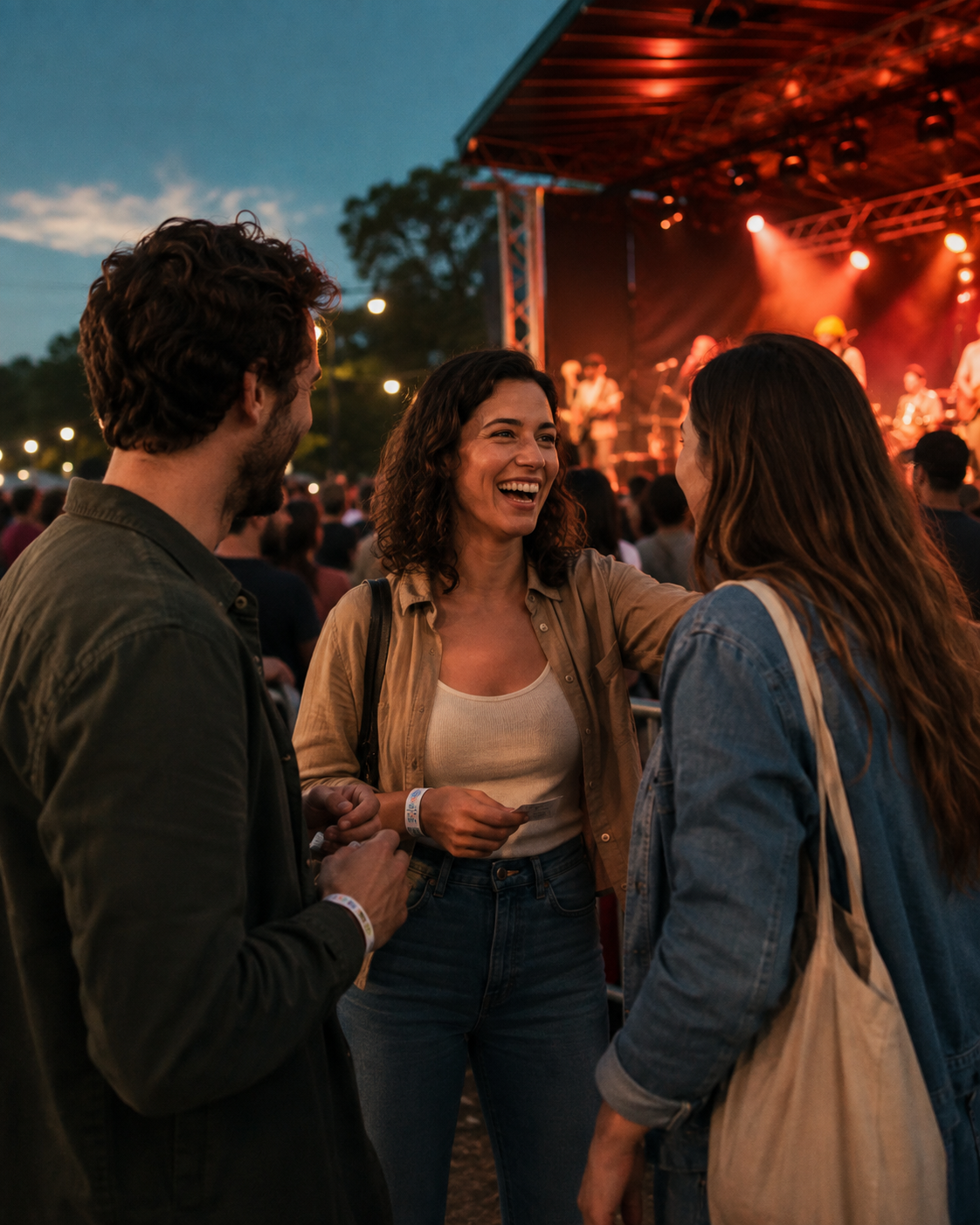 Friends welcoming someone to join their concert plan