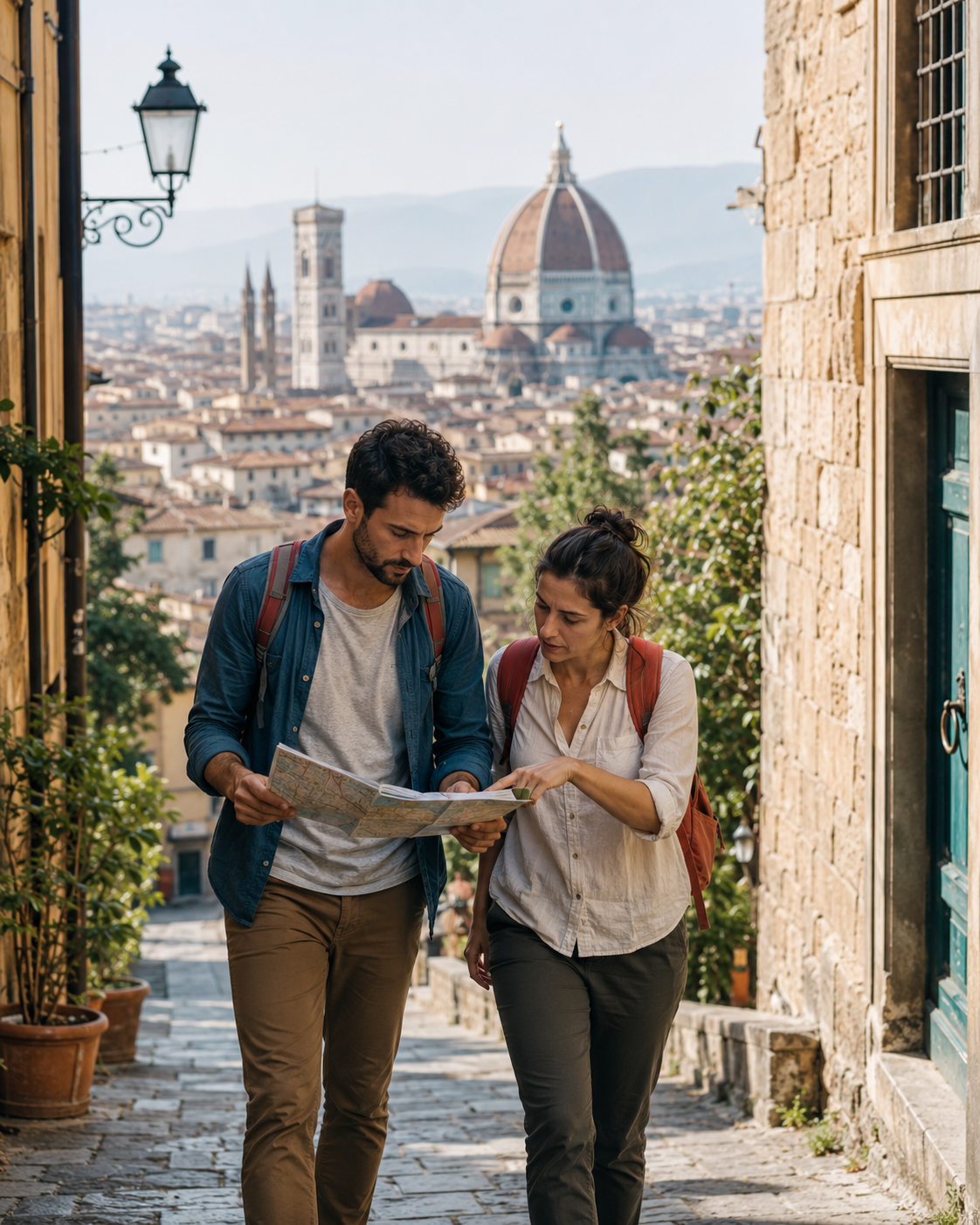 Two travel companions exploring a city together
