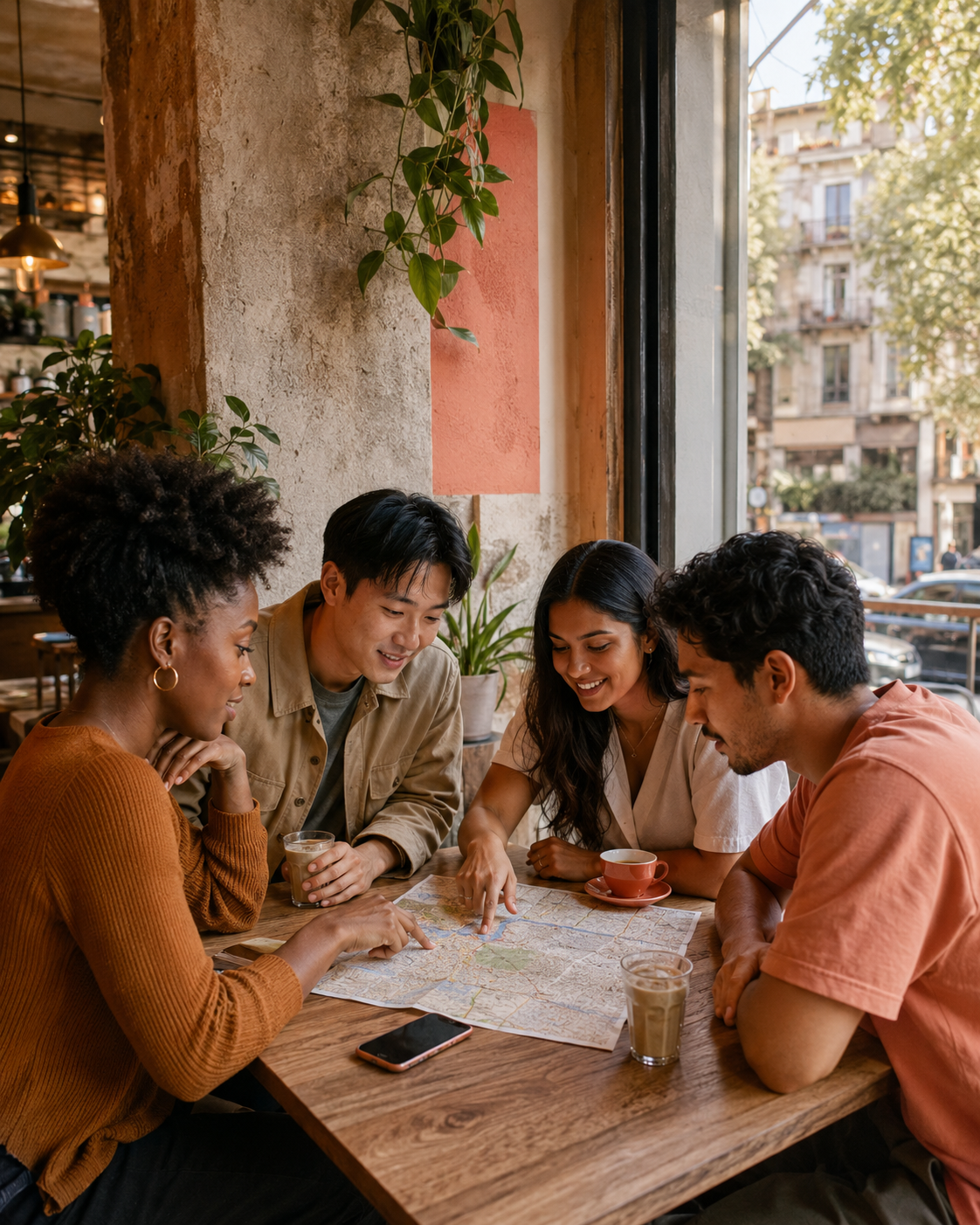 A group of people planning where to go together using a city map